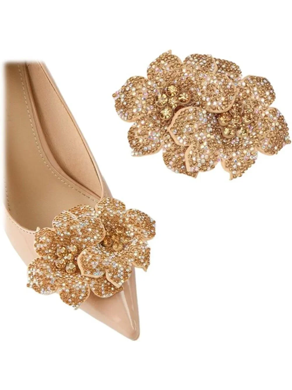 Rhinestone Flower Shoe Clips - Gold Crystal Detachable Buckles for High Heels